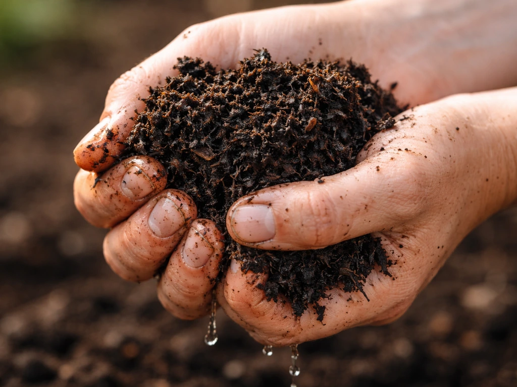 Mains pressant une poignée de compost : quelques gouttes, masse compacte et humide, en gros plan.