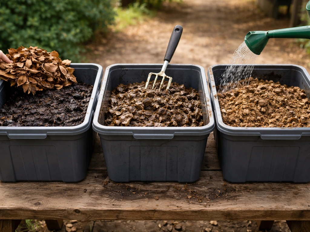 Trois bacs de compost anonymes montrant odeur, détrempe et sécheresse, avec gestes correctifs.