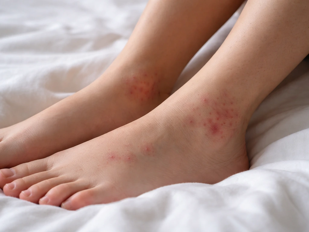 Jambes avec rougeurs en petits groupes, gros plan sur la peau pour illustrer la localisation et la réaction après piqûre