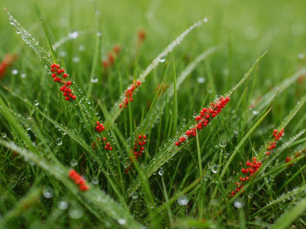 Gros plan sur des aoûtats : minuscules points rouges en rangées sur l’herbe humide