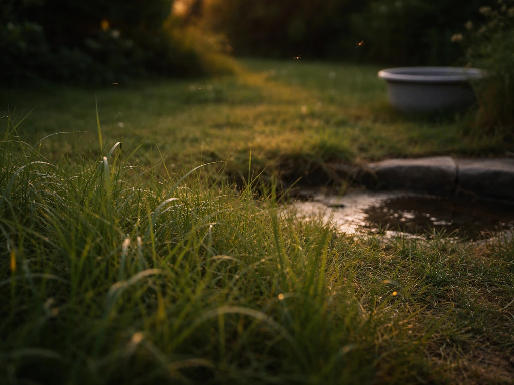 Jardin au coucher du soleil : herbe haute et flaque d’eau stagnante, quelques moustiques en vol.