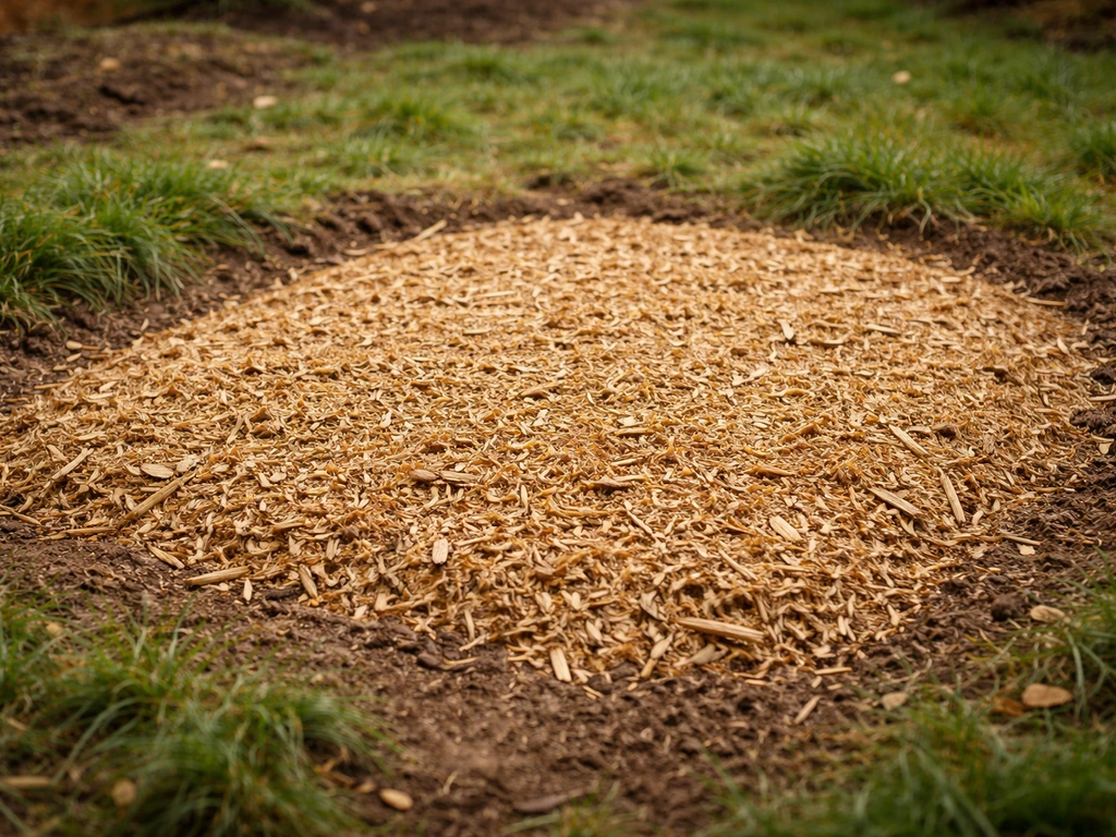 Sol fraîchement désherbé recouvert en urgence de copeaux et paille, épaisseur visible 5 à 8 cm.