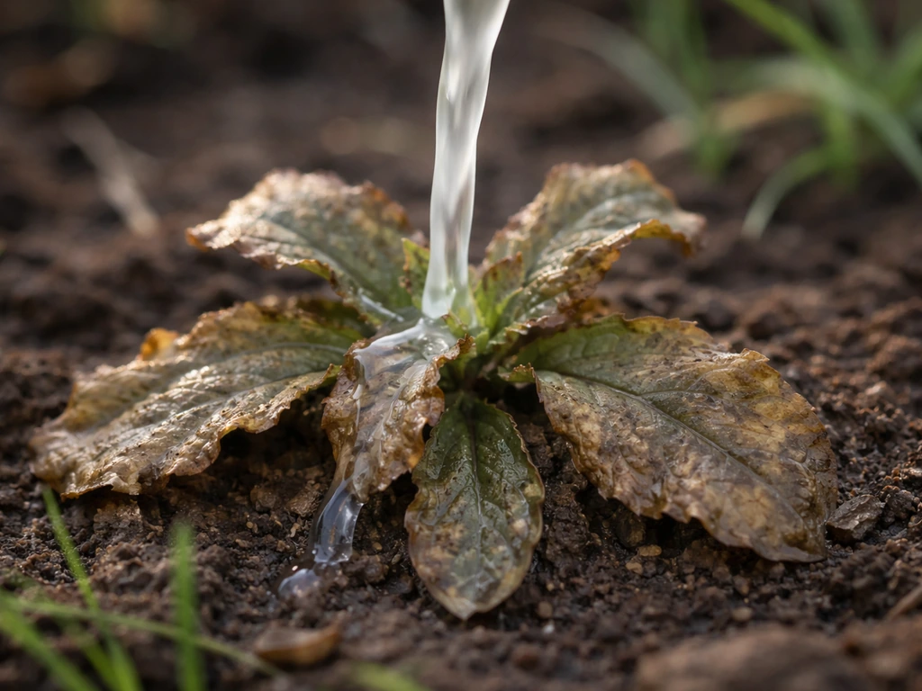 Gros plan d’une mauvaise herbe dont les feuilles brunissent et se déshydratent après contact avec le vinaigre blanc.