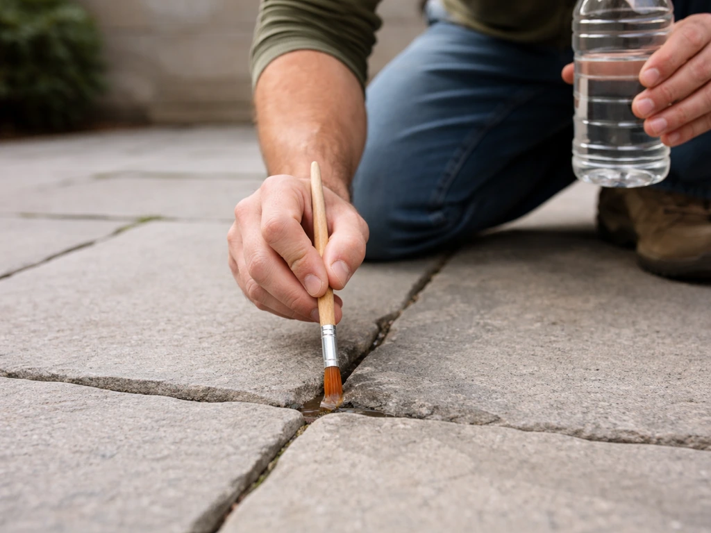 Application précise de vinaigre blanc au pinceau dans les joints entre des dalles, en extérieur.