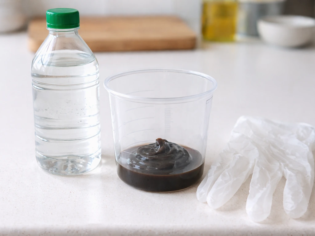 Préparation d’une solution avec vinaigre blanc, récipient gradué et savon noir visibles sur un plan de travail.