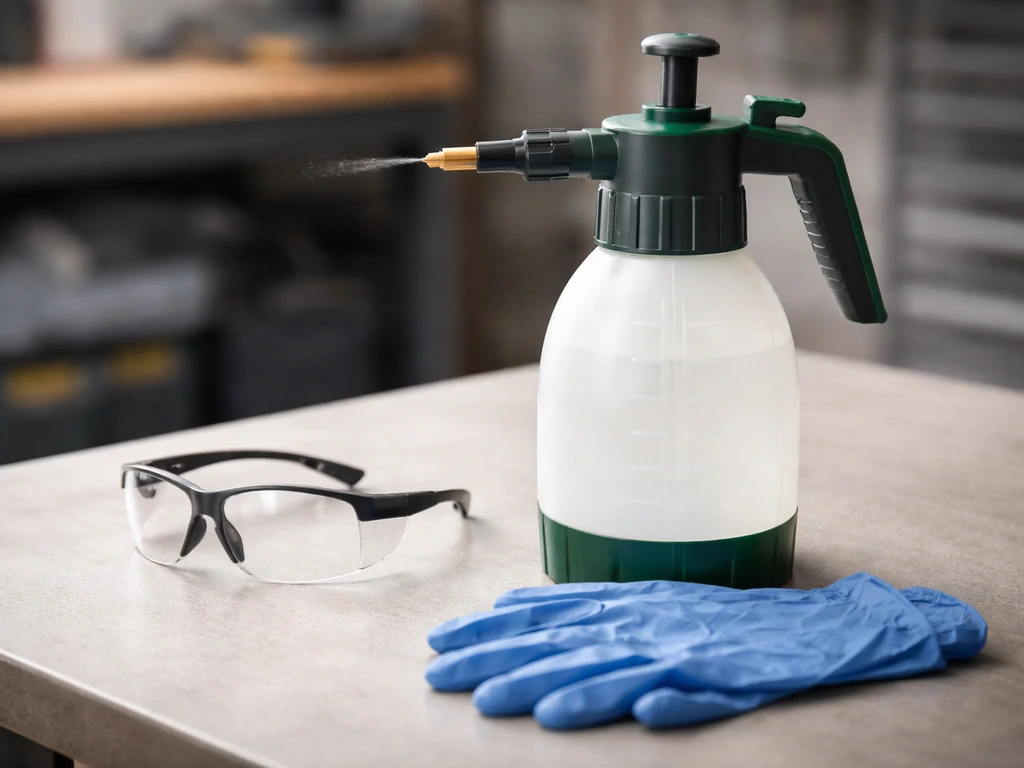 Pulvérisateur manuel et buse sur jet fin, lunettes et gants de protection posés sur une table d’atelier.