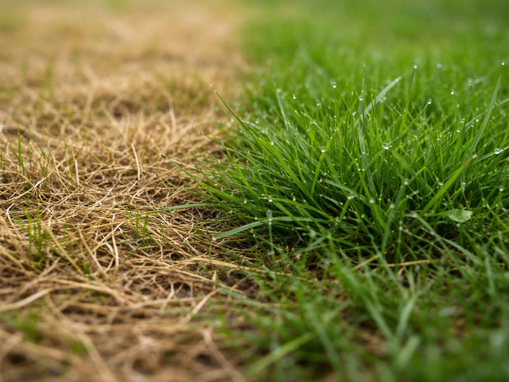 Deux brins d’herbe : l’un bien sec et prêt à être fauché, l’autre humide et luisant.