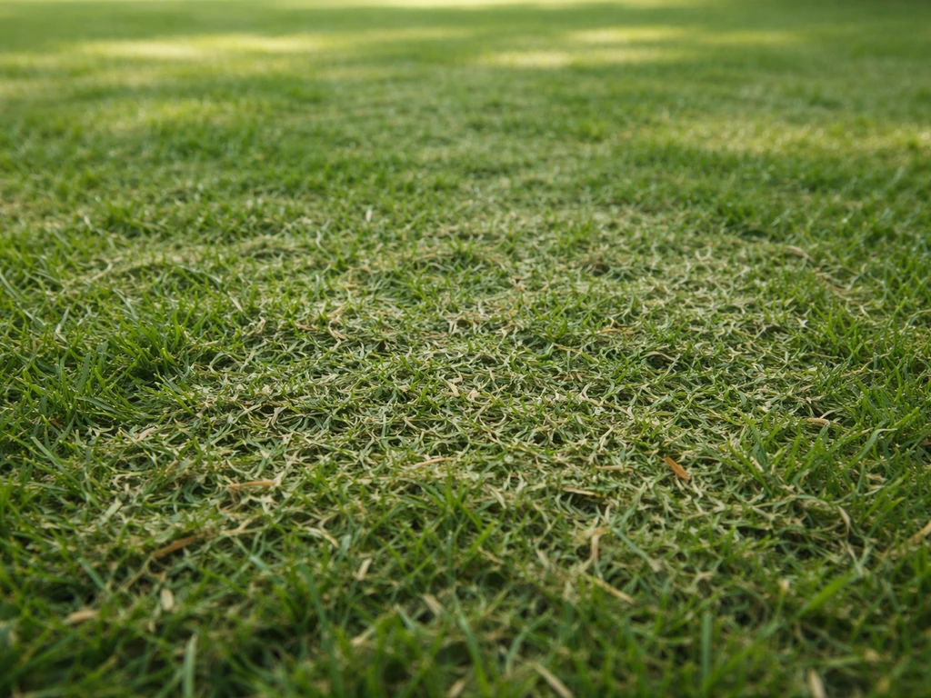 Gazon fraîchement tondu, brins d’herbe finement hachés laissés en mulch au sol, sans tas
