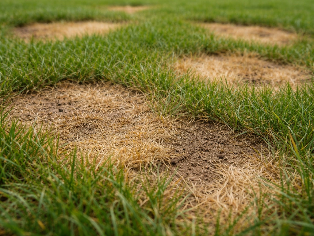 Gros plan sur des plaques irrégulières jaunies et brunies dans une pelouse, herbe périphérique visible