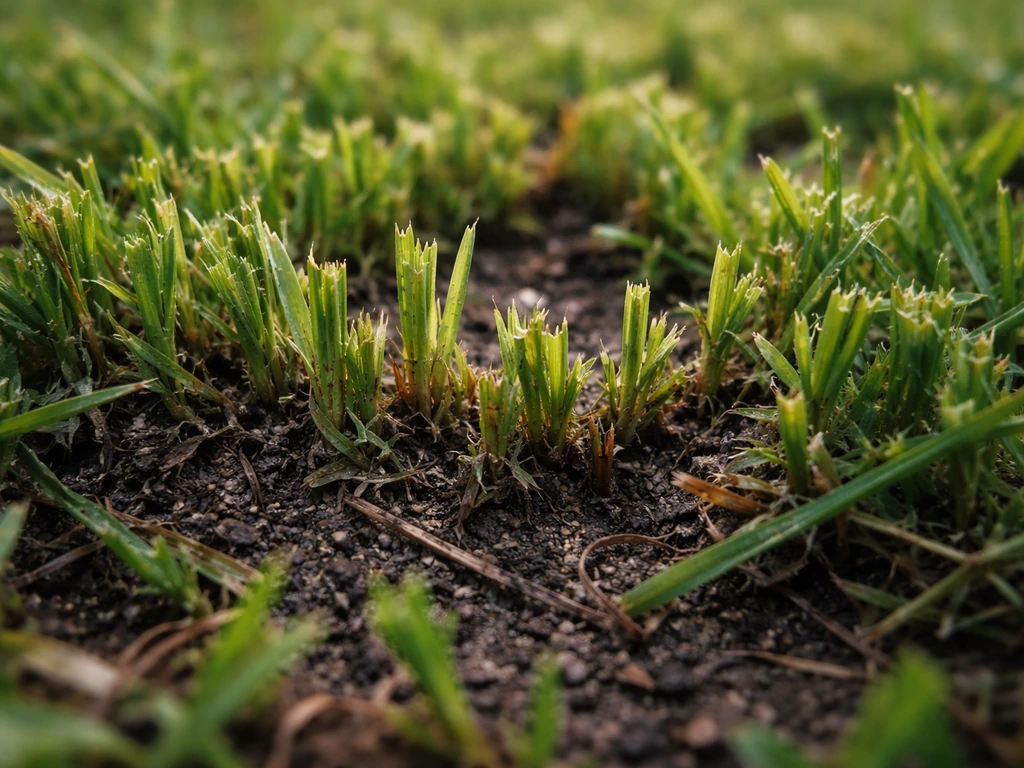 Détail de brins de gazon coupés et grignotés près du sol, avec une légère humidité sur la pelouse.