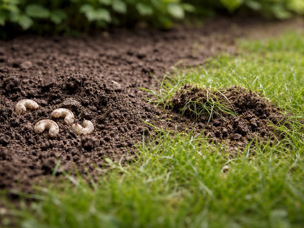 Gros plan sur une zone de sol avec larves blanches en C et brins d’herbe arrachés dans un jardin.