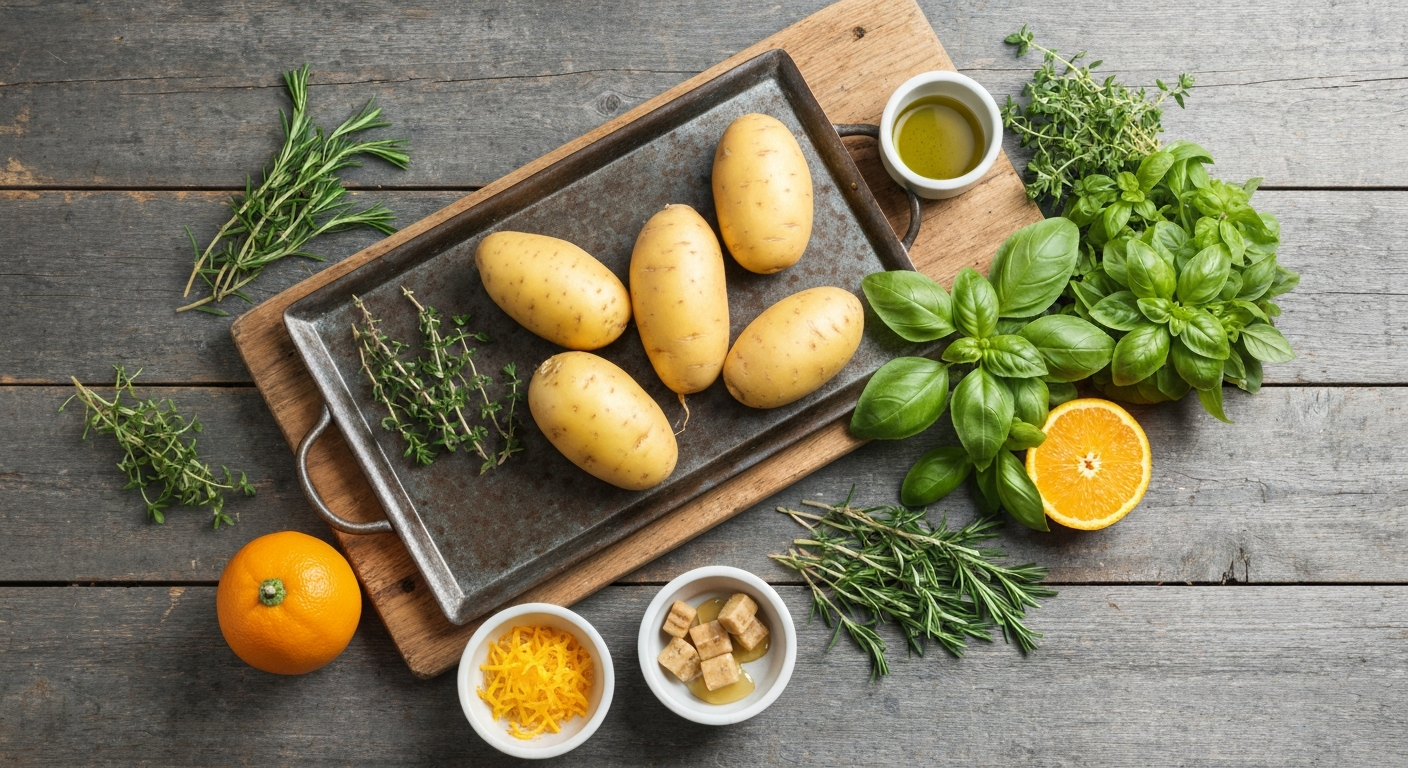 Patates douces (rôties et crues) entourées d'herbes fraîches (romarin, thym, coriandre, sauge, basilic) sur une planche en bois, photo culinaire appétissante.